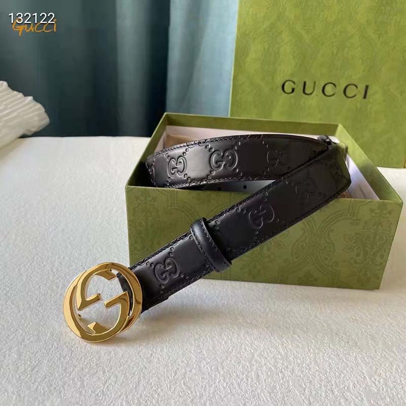 Gucci Unisex GG Signature Leather Belt Interlocking G Buckle Gold Hardware 4 cm Width