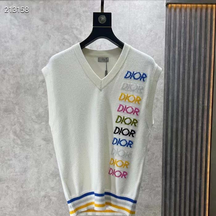 Dior Men CD Sleeveless Sweater Beige Wool Cashmere Intarsia V-Neckline Striped Hem