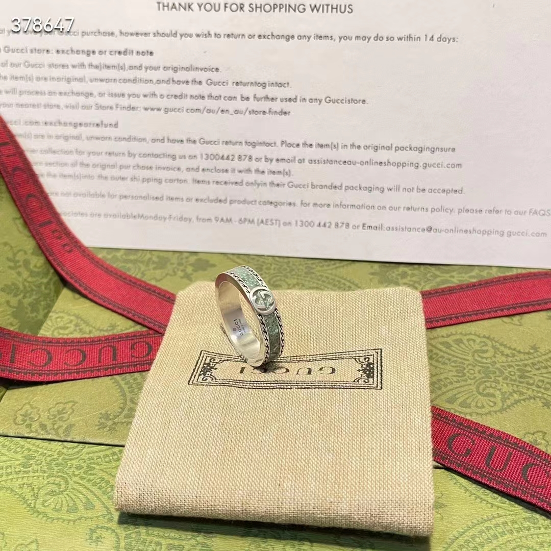 Gucci Unisex GG Ring Interlocking G 925 Sterling Silver Brown Turquoise Enamel Engraved Trim