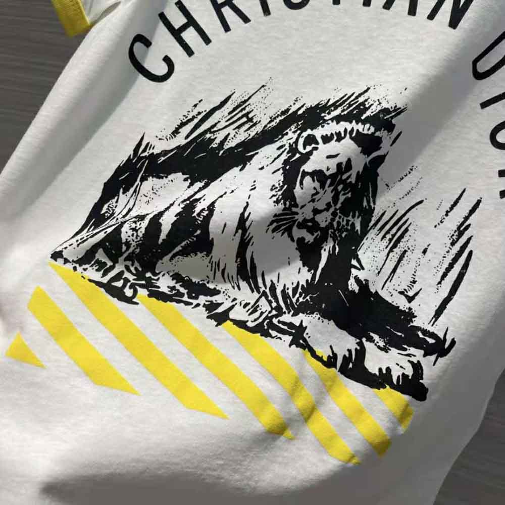 Dior Women T-shirt White Cotton Jersey with Fluorescent Yellow D-Jungle Pop Motif