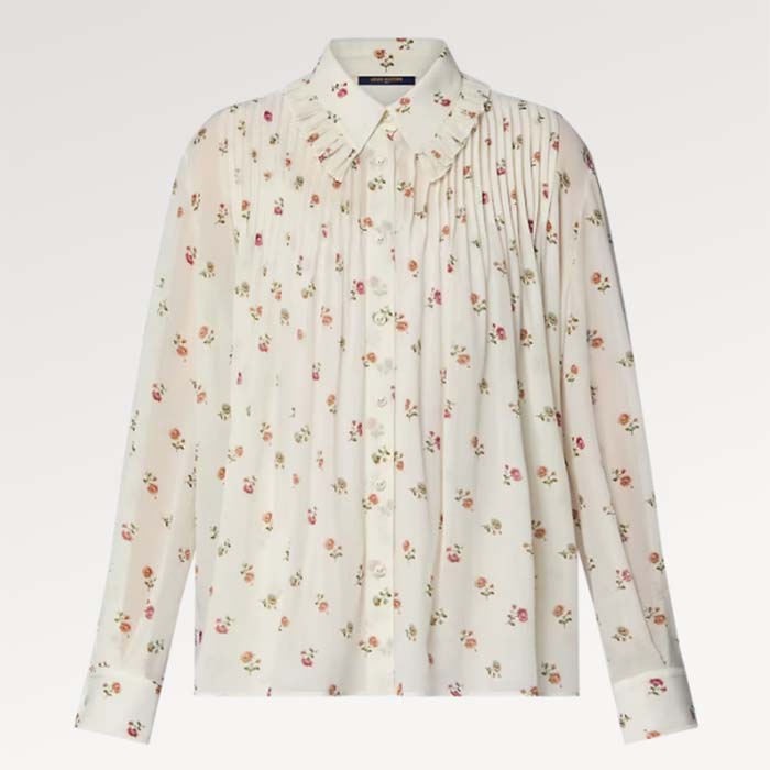 Louis Vuitton Men LV Floral Print Ruffle Collar Shirt Silk Milky White Regular Fit