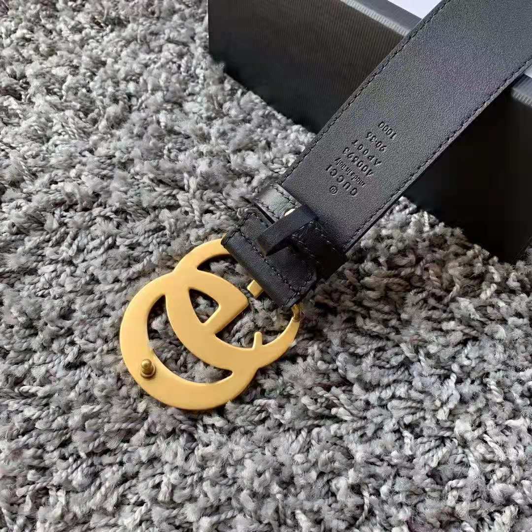 Gucci Unisex GG Marmont Leather Belt with Shiny Buckle in 3.8cm Width-Black