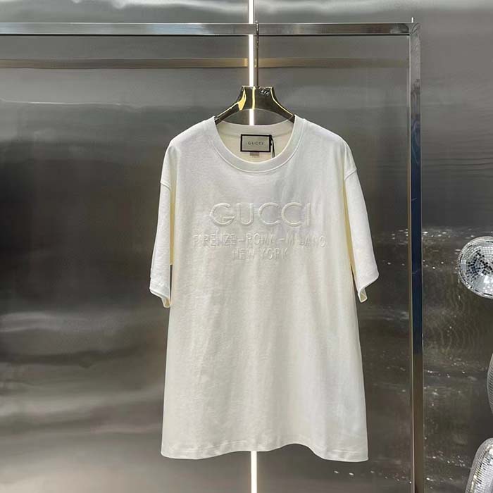 Gucci Men GG Cotton Jersey T-Shirt Off White Heavy Cities Embroidery Crewneck Short Sleeves Oversize Fit