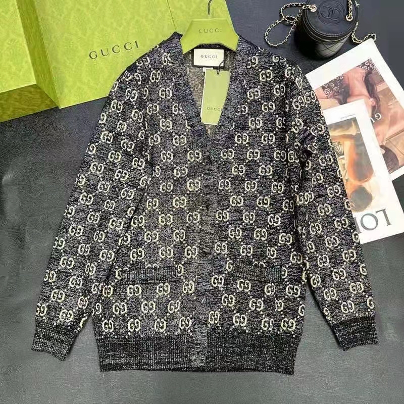 Gucci Women Lamé GG Jacquard Cardigan Black Beige Fine Cotton