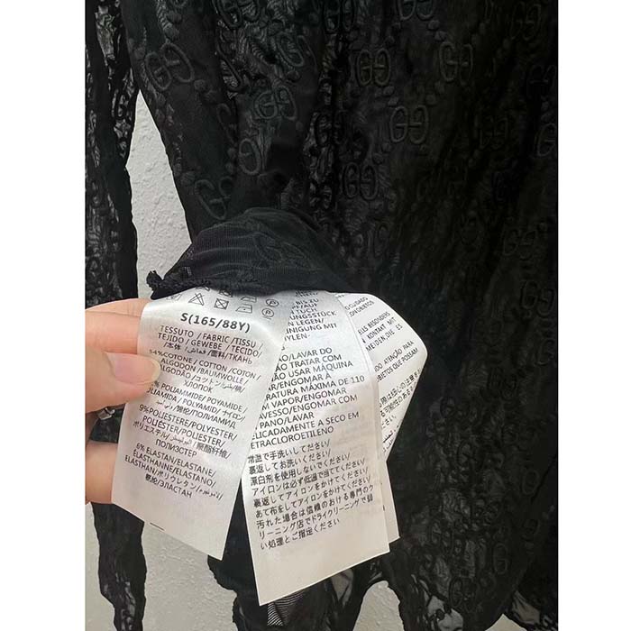 Gucci Women GG Embroidered Tulle T-Shirt Black Long Sleeve Fitted Cotton