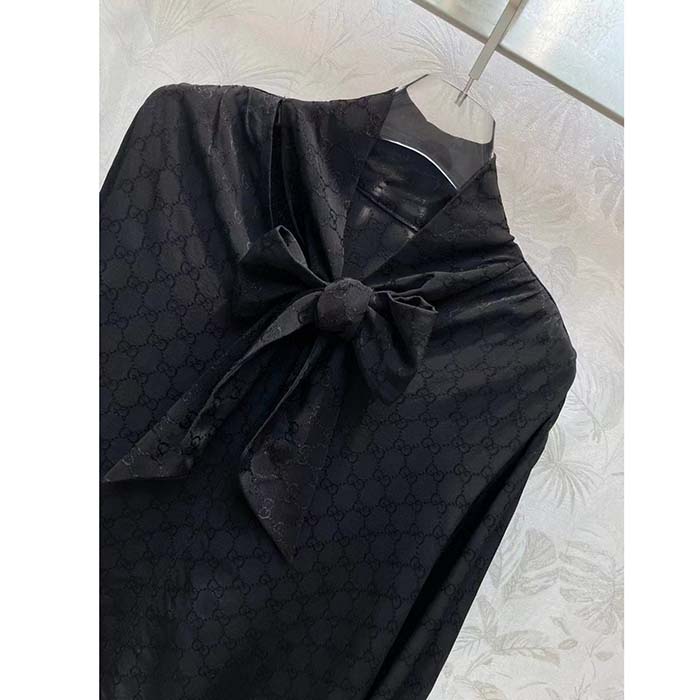 Gucci Women GG Silk Crêpe Shirt Neck Bow V Neck Gathered Yoke