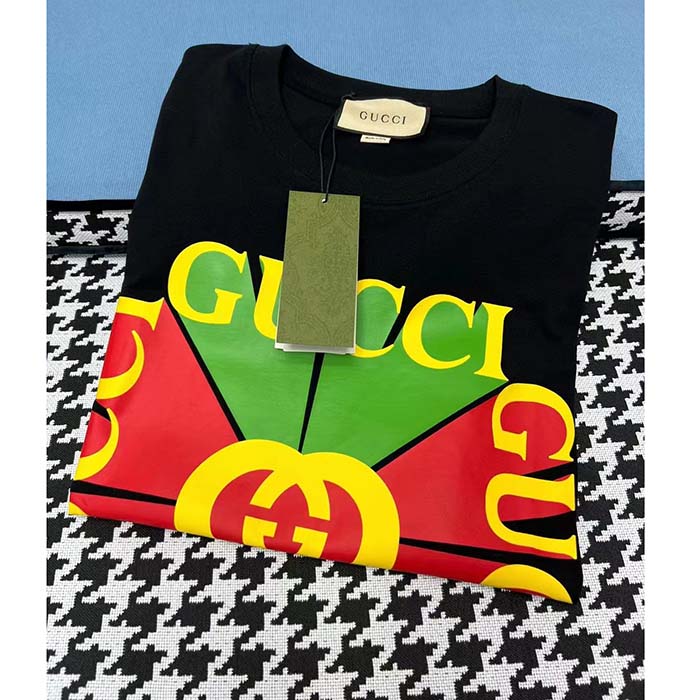 Gucci Men GG Vintage Logo Print T-Shirt Black Cotton Jersey Crewneck Short Sleeves