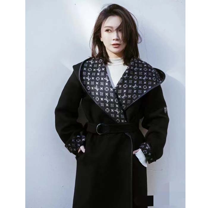 Louis Vuitton LV Women Hooded Wrap Coat Wool Silk Black White Regular Fit