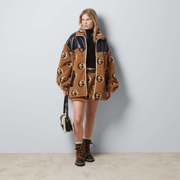 Gucci Women GG Wool Fleece Jacquard Zip Jacket Lined High Neck Dropped Shoulder Nylon Inserts