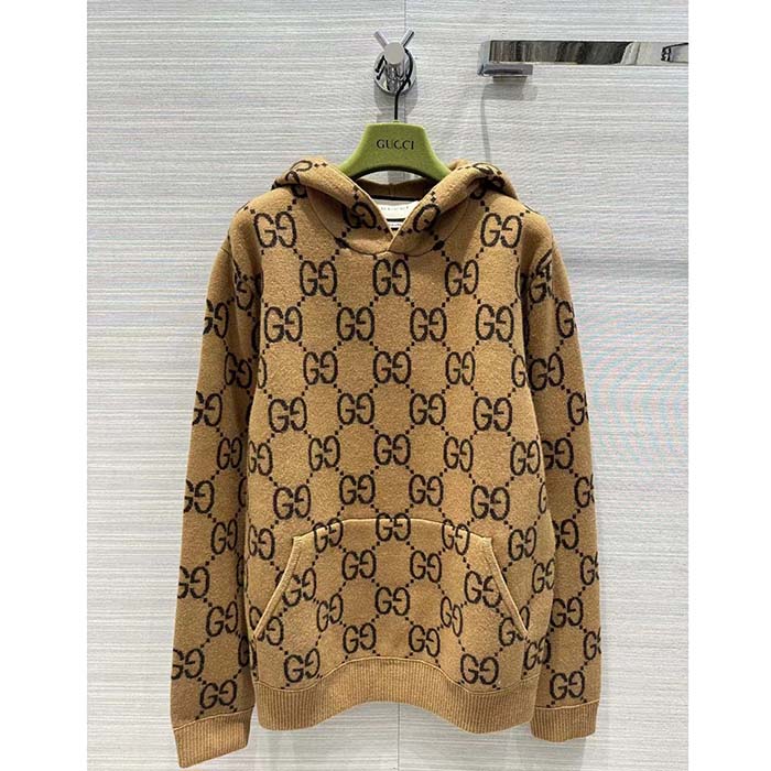 Gucci Women GG Wool Hooded Sweatshirt Camel Ebony Fixed Hood Kangaroo Pocket Rib