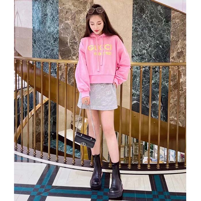 Gucci Women GG Hooded Sweatshirt Embroidery Firenze 1921 Drawstring Closure Dropped Shoulder Long Sleeves