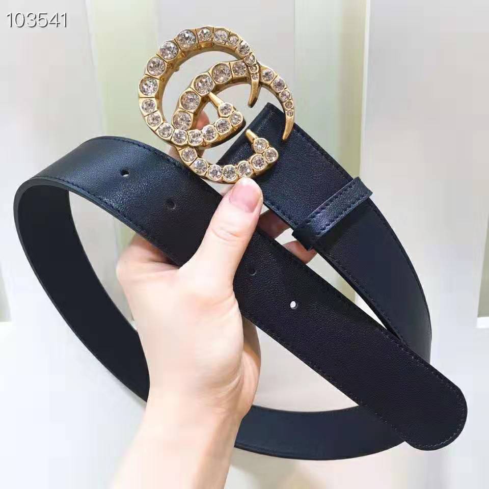 Gucci Unisex Leather Belt with Crystal Double G Buckle-Black
