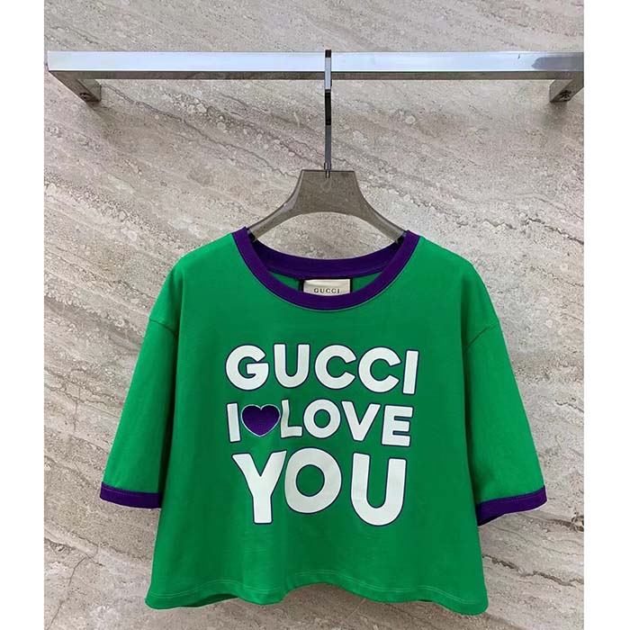 Gucci Men GG Cotton Jersey Cropped T-Shirt Green Medium Heart Patch Crewneck Short Sleeves