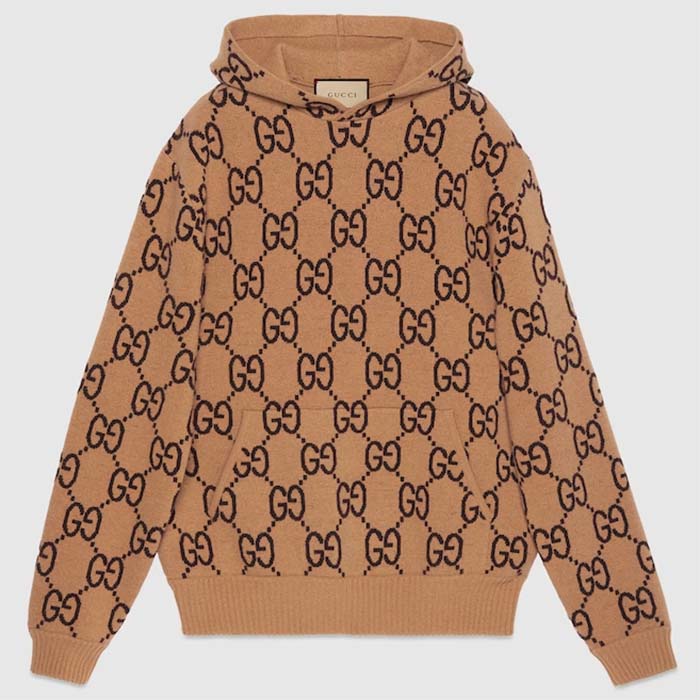 Gucci Women GG Wool Hooded Sweatshirt Camel Ebony Fixed Hood Kangaroo Pocket Rib