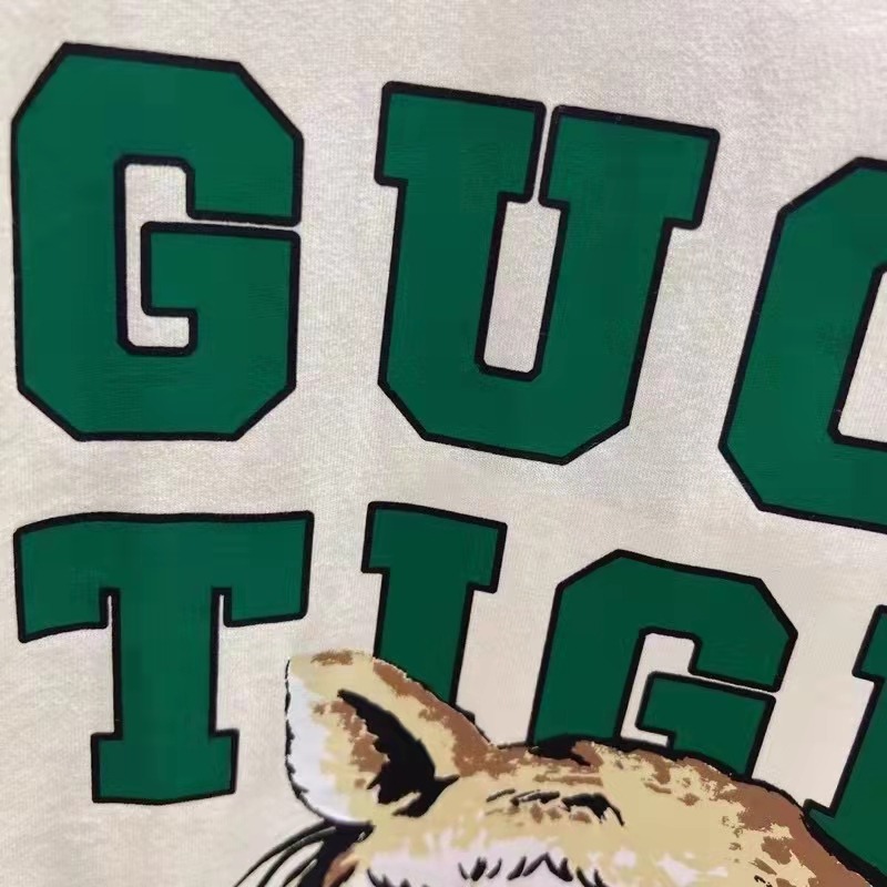 Gucci Women GG Tiger Cotton T-Shirt White Jersey Tiger Head Crewneck