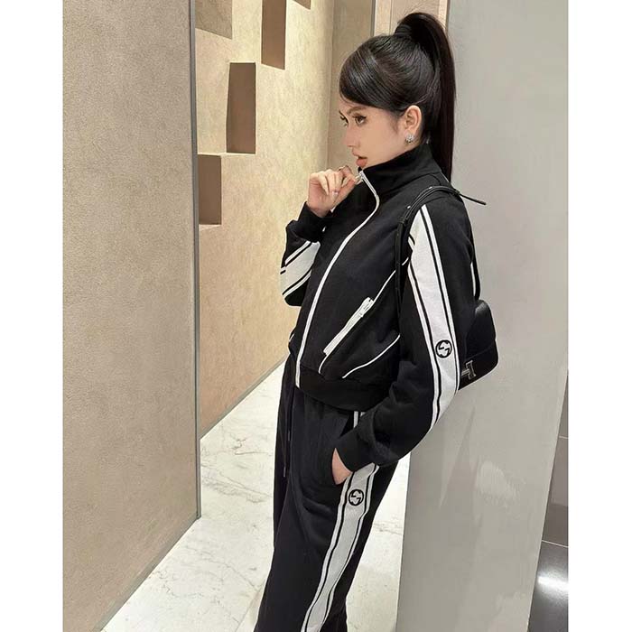 Gucci GG Women Cotton Jersey Zip Jacket Black Lightweight Felted Point Collar Long Sleeves