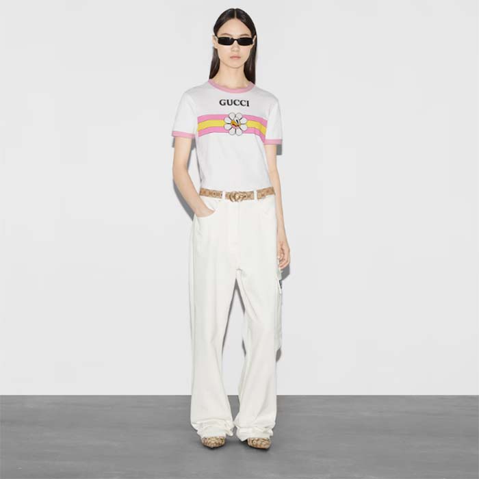 Gucci Women GG Cotton Jersey Printed T-Shirt Pink Crewneck Short Sleeves