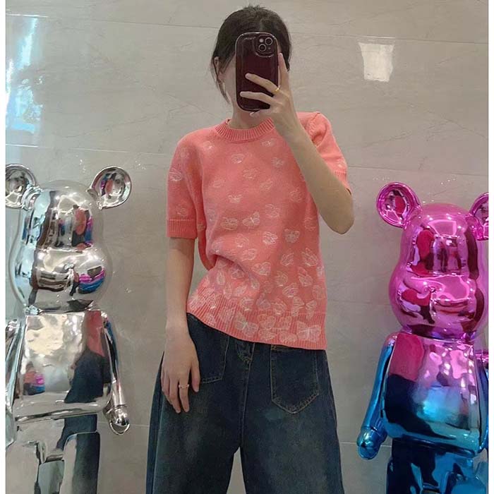 Dior Women CD Short-Sleeved Sweater Pink Wool Cashmere Knit Gradient Butterflies Motif