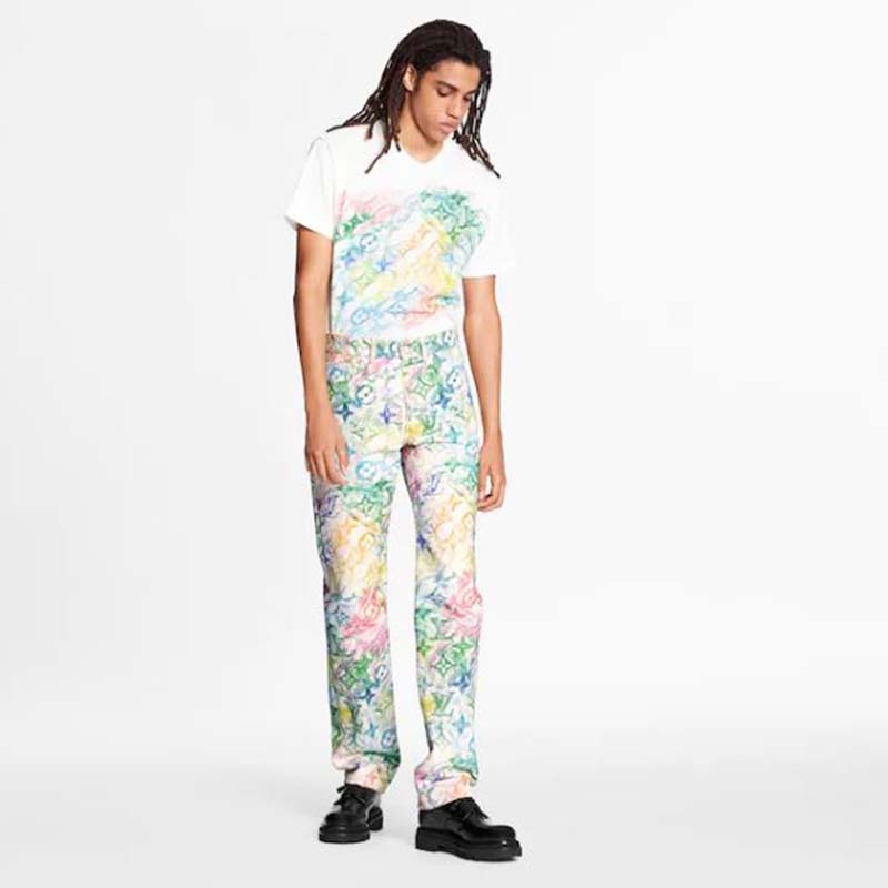 Louis Vuitton Men Front Printed Pastel Monogram T-Shirt Cotton White Regular Fit