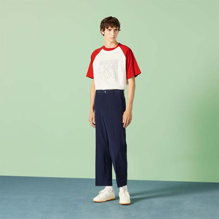 Gucci Men GG Cotton Jersey T-Shirt Red Off White Medium Crewneck Raglan Sleeves