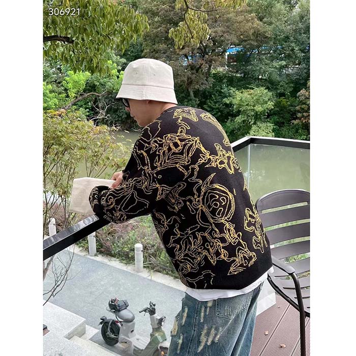 Louis Vuitton Men Monogram Cotton Crewneck Regular Fit Wavy Monogram Jacquard Black