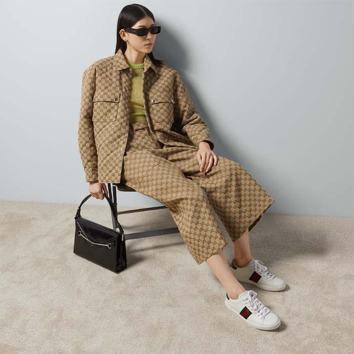 Gucci Women GG Canvas Print Camel Ebony Belt Loops Wide Leg Cropped Length