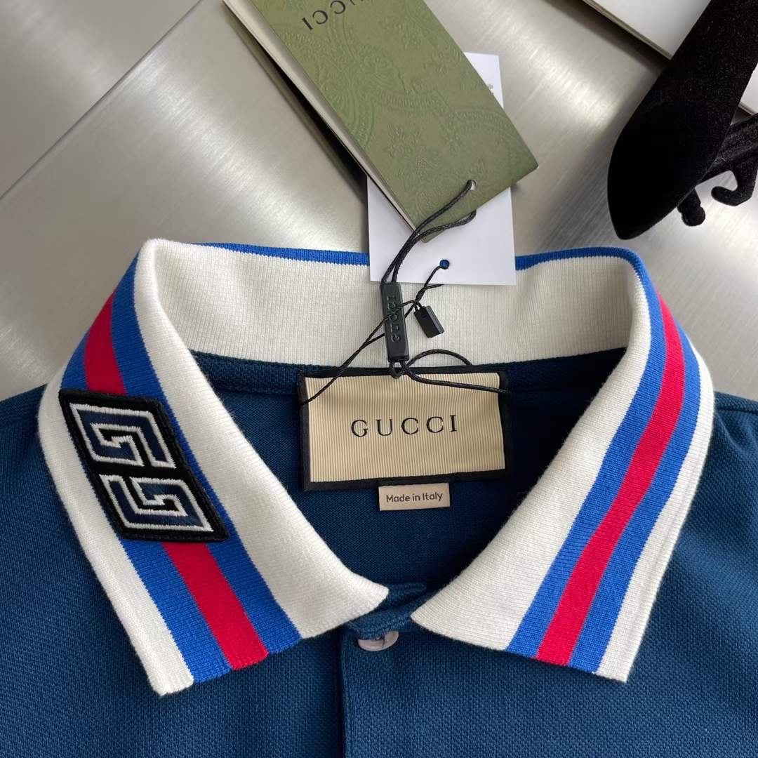 Gucci Men Cotton Piquet Polo Square GG Blue Collar Short Sleeves