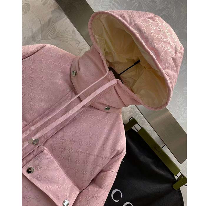 Gucci Women GG Cotton Canvas Puffer Jacket Light Pink GG Lined Interlocking G Two Front Pockets