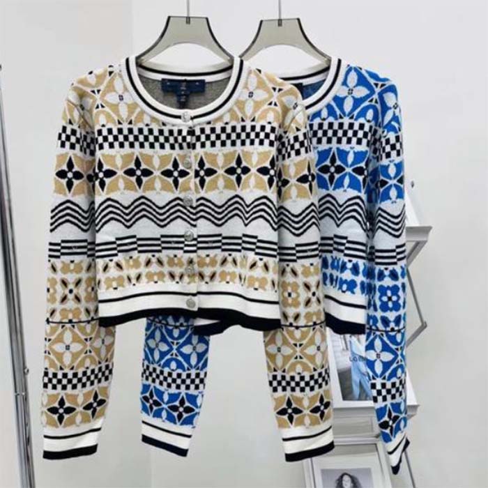 Louis Vuitton Women LV Monogram Tile Jacquard Cropped Cardigan Champagne Beige Regular Fit