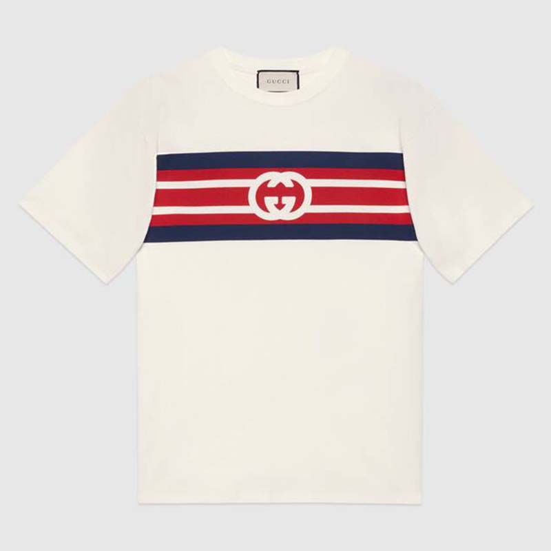 Gucci Women Interlocking G Stripe Print T-Shirt Cotton Jersey Crewneck Oversize Fit-White