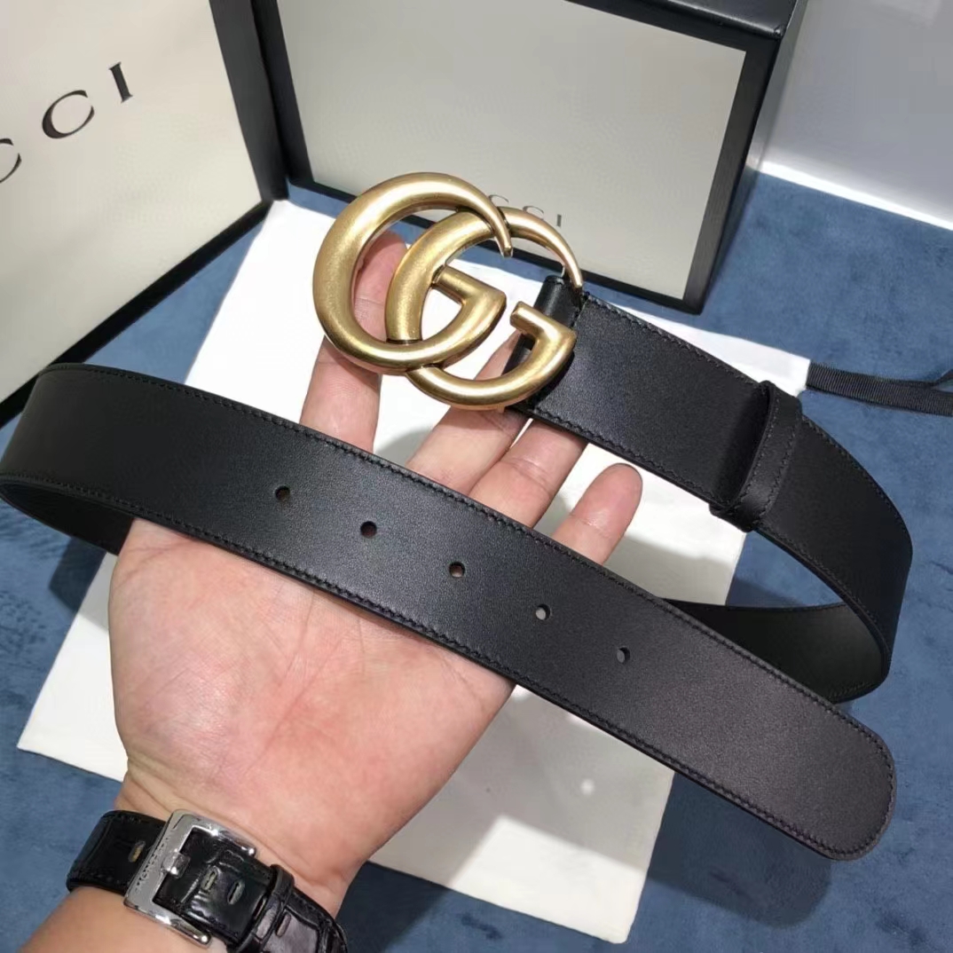 Gucci Unisex GG 2015 Re-Edition Wide Leather Belt Black Smooth Leather 3.8 CM Belt Width