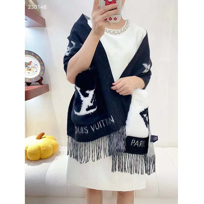 Louis Vuitton Unisex Cold Reykjavik Scarf Cashmere Mink Fur Black Jacquard LV Initials Monogram Flowers