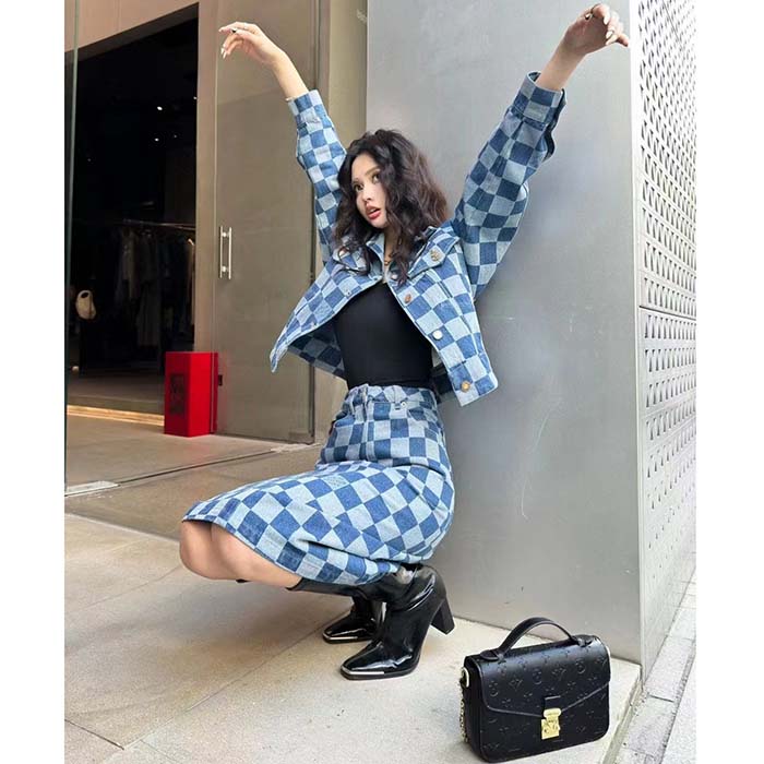 Louis Vuitton Women LV Damier Denim Skirt Cotton Blue Regular Fit 1AFGP2