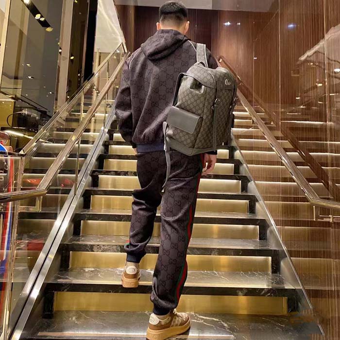 Gucci Men GG Jumbo GG Zip Jacket Web Dark Grey Neoprene Canvas Raglan Sleeves