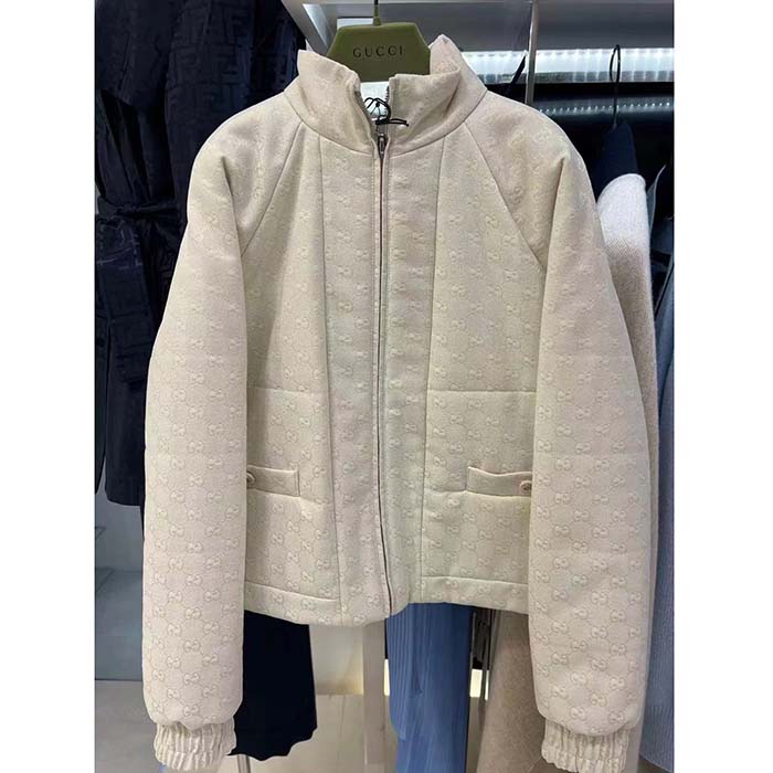 Gucci Women GG Canvas Bomber Jacket Cream Self-Covered Buttons Interlocking G Lined High Neck