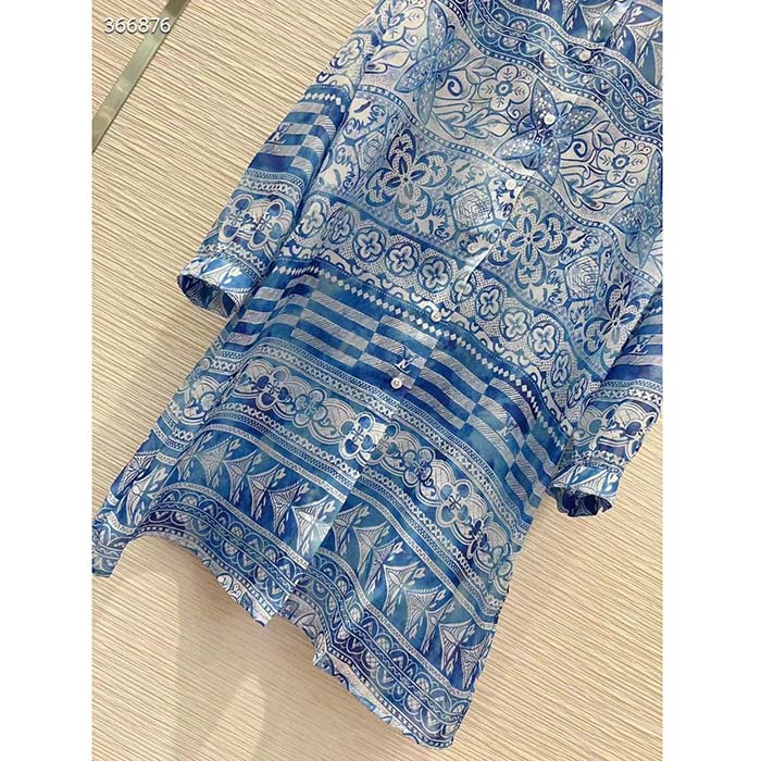Louis Vuitton Women LV Monogram Tile Long Shirt Dress Cotton Blue White Regular Fit
