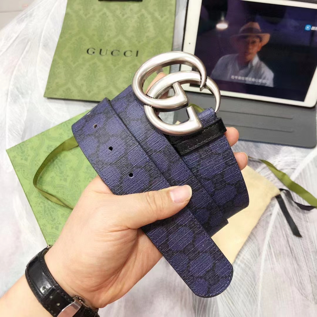 Gucci Unisex GG Marmont Reversible Belt Dark Blue Supreme Canvas Double G Buckle