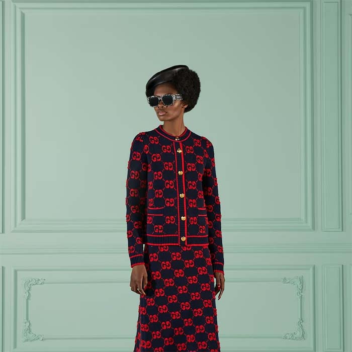 Gucci Women Wool Bouclé Jacquard Cardigan Blue Red GG Crewneck Long Sleeves