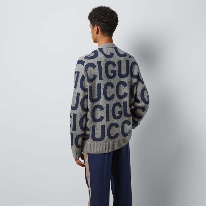Gucci Men GG Cardigan Gucci Intarsia Grey Wool Blue V-Neck Dropped Shoulder Long Sleeves Two Pockets