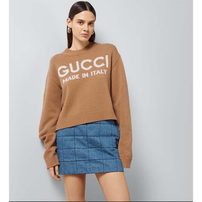 Gucci Women GG Wool Top Gucci Intarsia Camel Wool Crewneck Dropped Shoulder Long Sleeves Rib