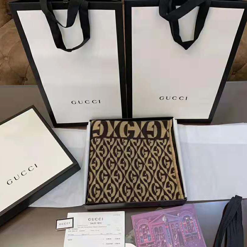 Gucci Unisex G Rhombus Jacquard Scarf in Wool and Cotton-Brown