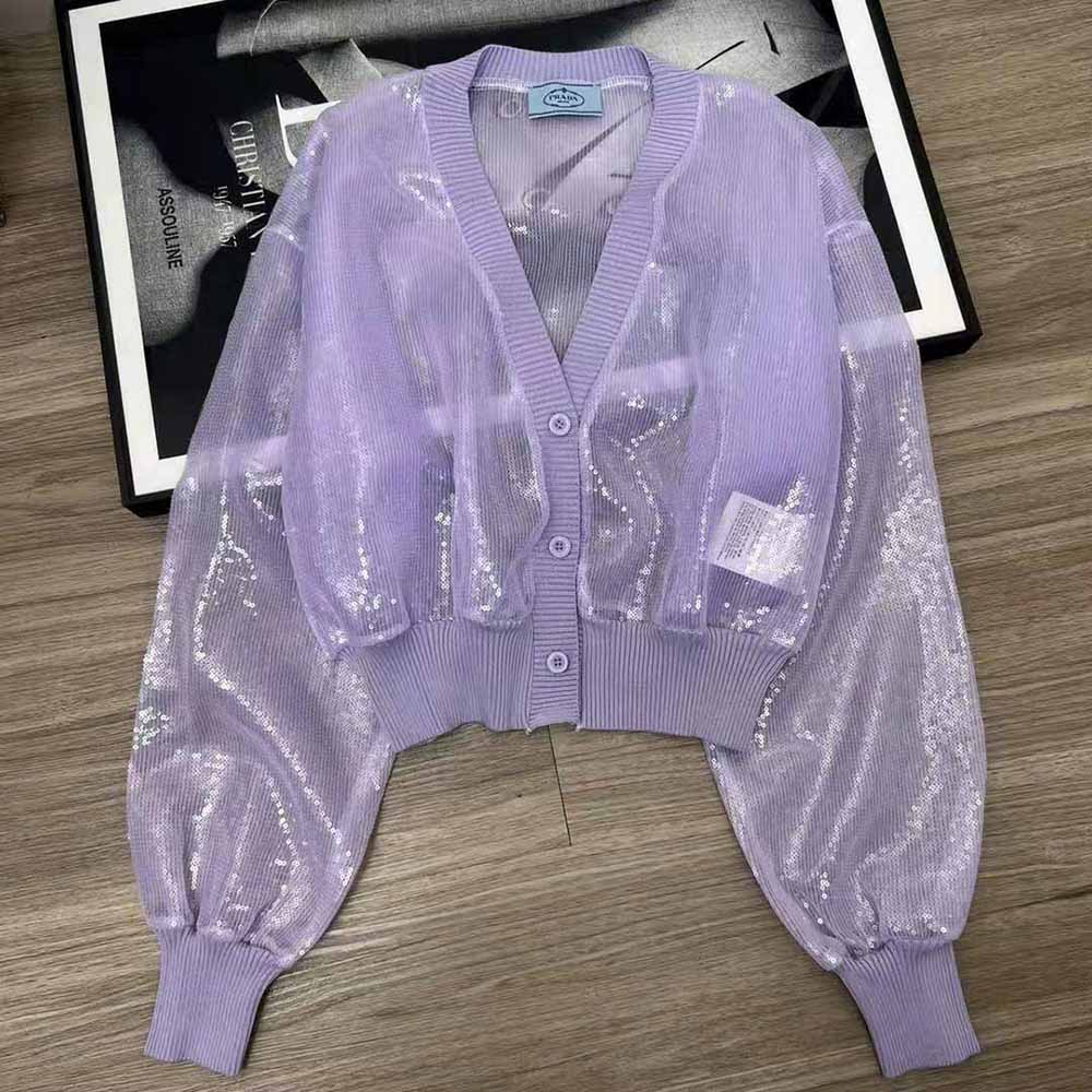 Prada Women Sequin-Embroidered Tulle Crop Top-Purple