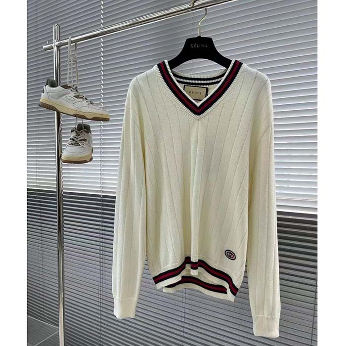 Gucci GG Men Cotton Knit V-Neck Sweater Web Ivory Interlocking G Patch Long Sleeves