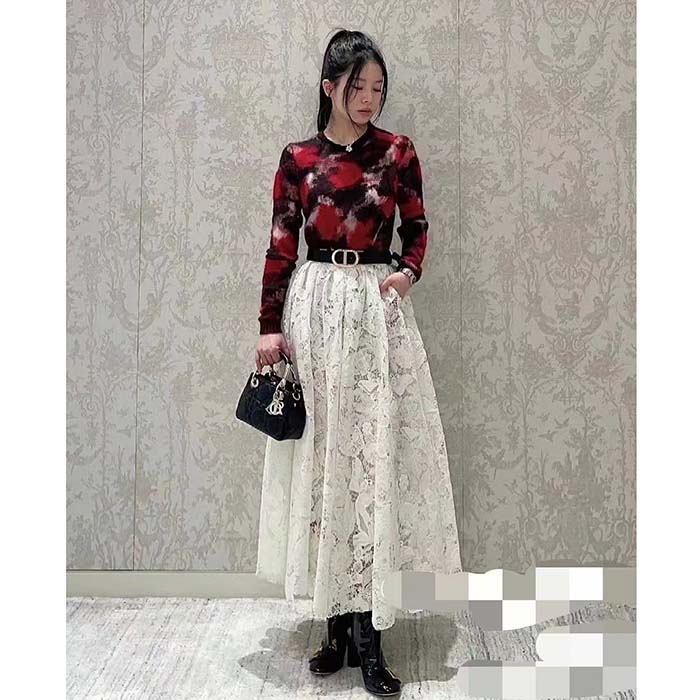 Dior Women CD Flared Mid-Length Skirt Ecru Technical Cotton Lace Allover Butterfly Motif