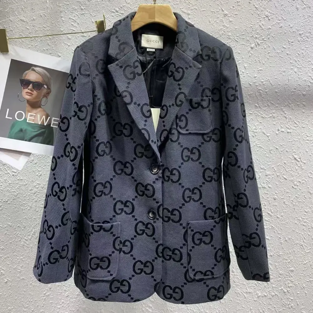 Gucci Men Gucci Embroidered Denim Blazer-Grey