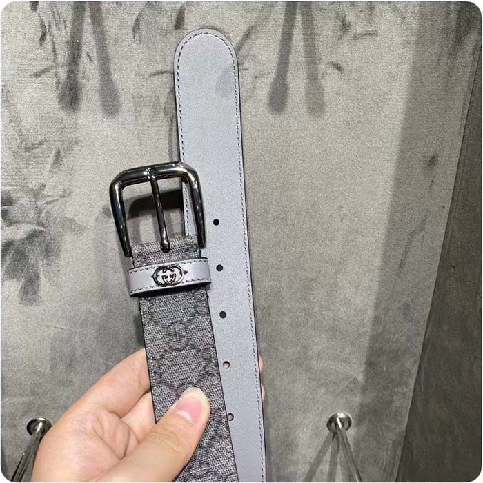 Gucci GG Unisex Belt Interlockig G Grey Black GG Supreme Canvas Leather Square Buckle