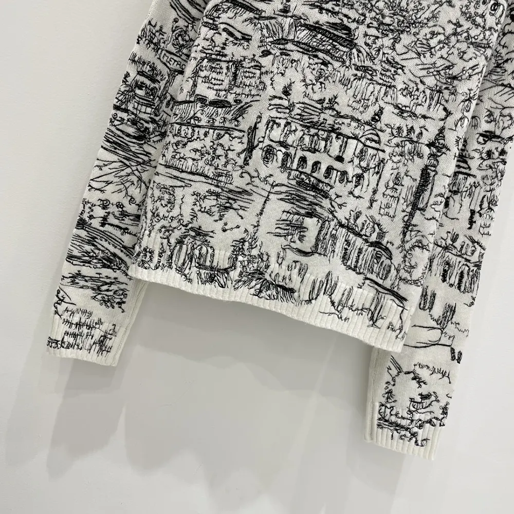 Dior Men Embroidered Sweater White and Black Cashmere Knit with Paris Allover Motif