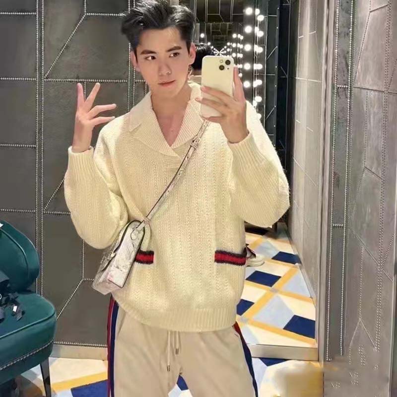 Gucci GG Men Gucci Tiger Knit Sweater Patch Wool Cotton Tiger Flower