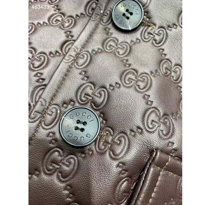 Gucci Women GG Leather Bomber Jacket Brown Lambskin Front Patch Pockets