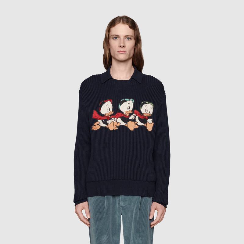 Gucci Men Disney x Gucci Donald Duck Cotton Wool Sweater Holes Crewneck Collar-Navy